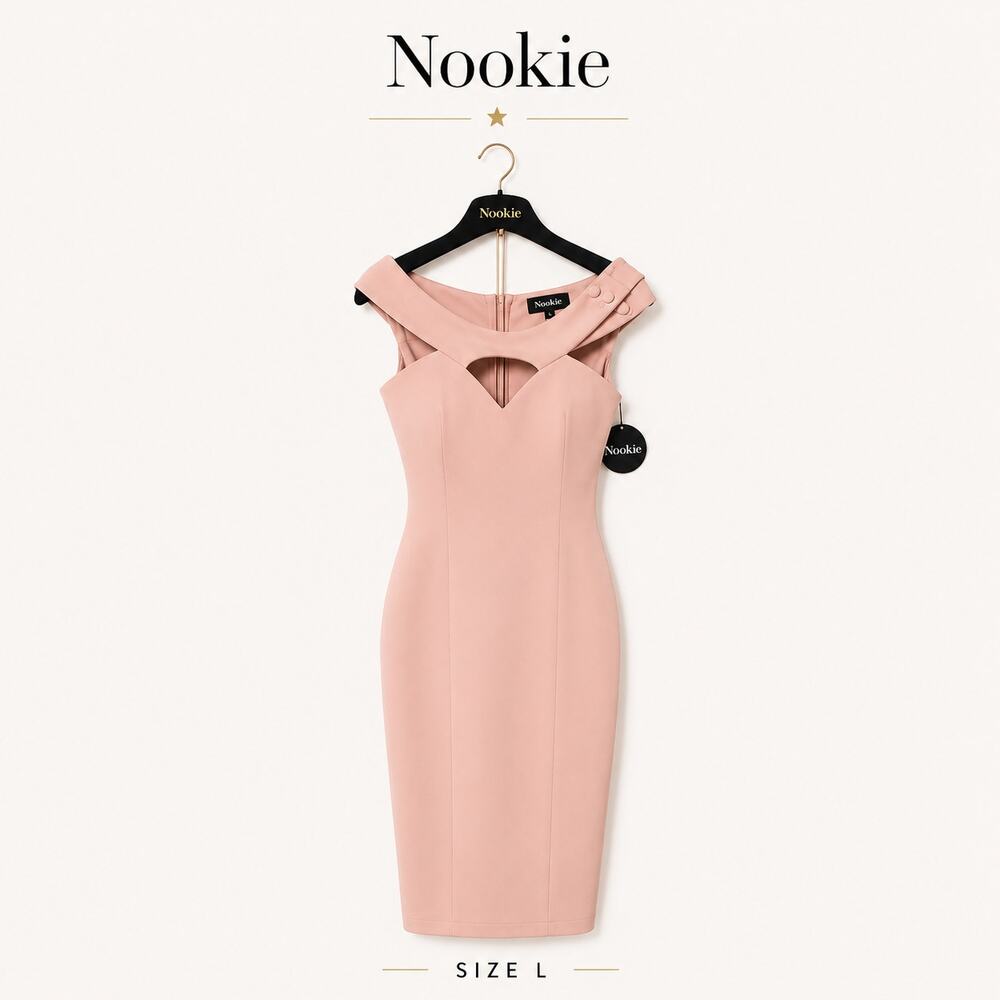 Nookie Hollywood Bodycon Midi Dress Blush Off Shoulder Scuba Large NWT